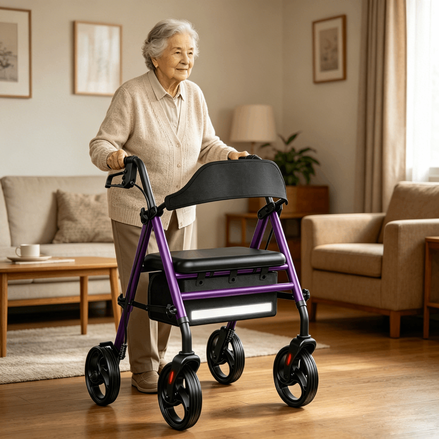 Specared All Terrain Rollator Walker for Seniors, 350lbs Heavy Duty Rolling Walker with 16" Wide Seat, 8" Wheels Storage Bag, Purple
