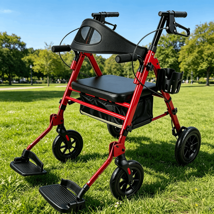 Specared 2 in 1 Rollator Walker with Ultra-Wide Breathable Backrest, 8" PU Shock-Abs All-Terrain Foldable Transport Chair for Senior, Max 350lbs Red