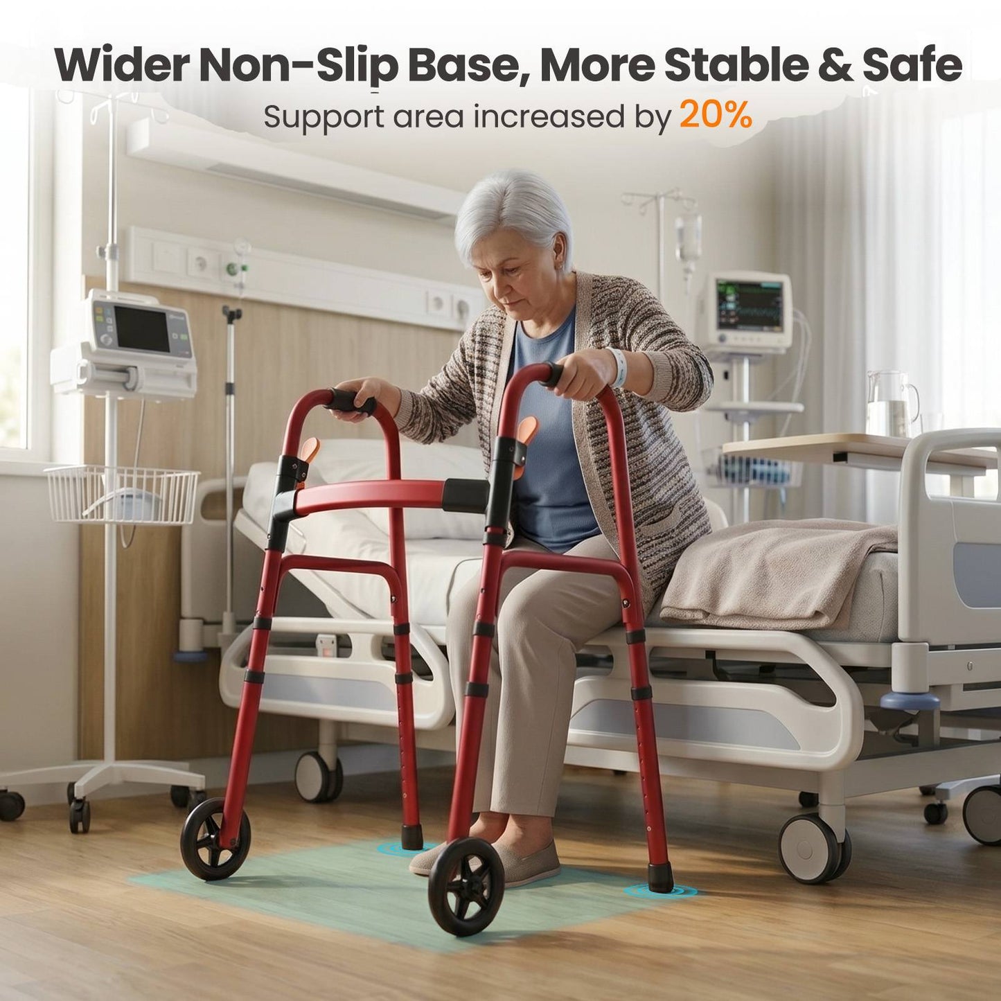 Specared Lightweight Folding Walker with One Hand Quick Fold, 8 Level Height Mobility Aid for Seniors with 300lbs Capacity, Red