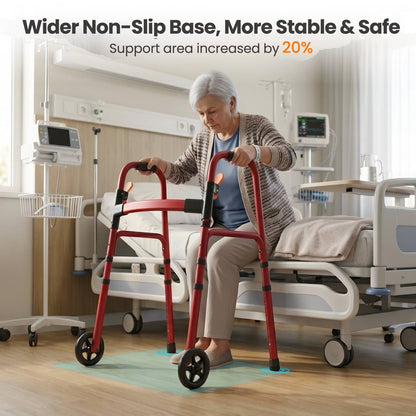 Specared Lightweight Folding Walker with One Hand Quick Fold, 8 Level Height Mobility Aid for Seniors with 300lbs Capacity, Red