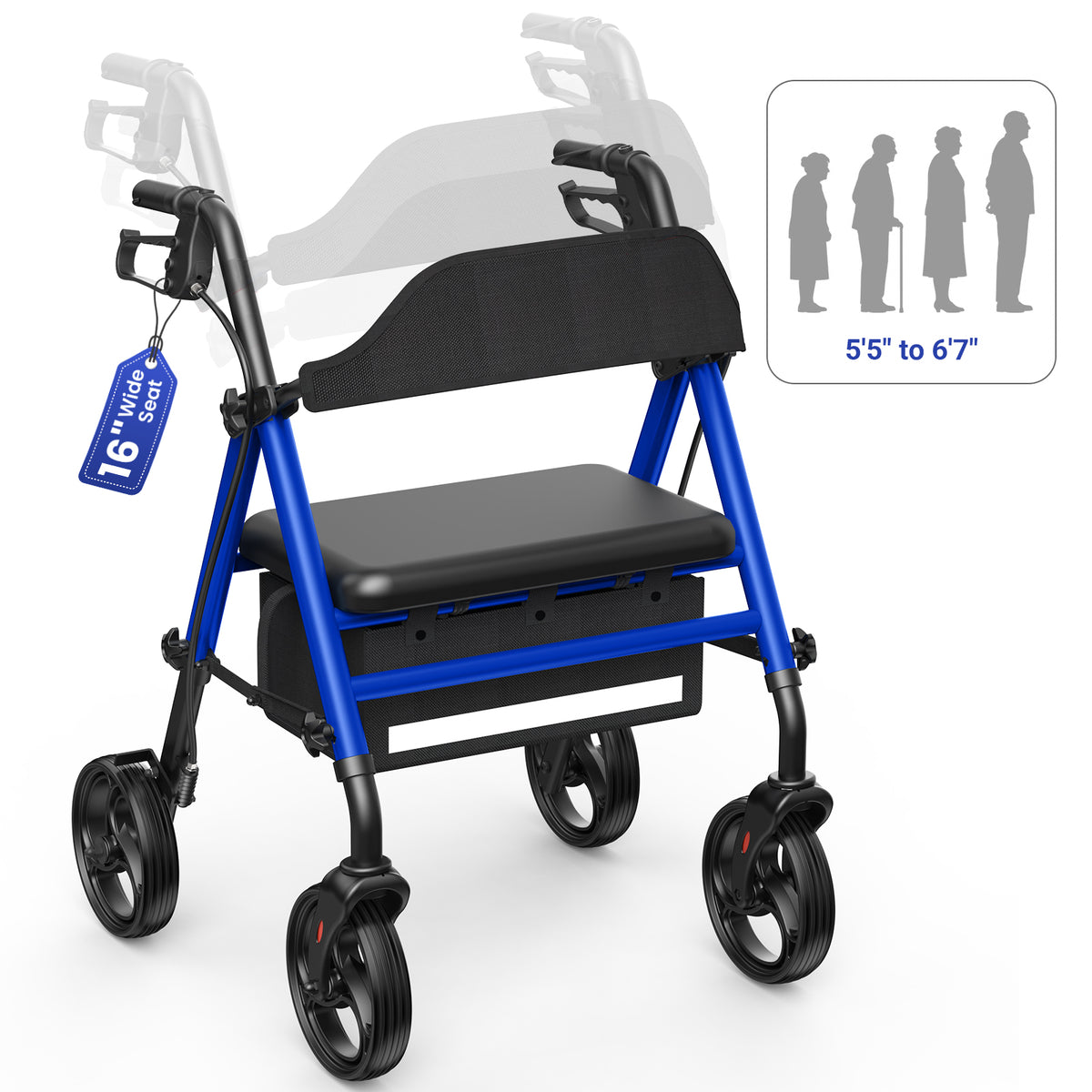 Specared Folding Rollator Walker with Seat, 16" Wide Seat 33"-41" Adjustable Height Lightweight Walkers, 350lbs Heavy Duty Blue