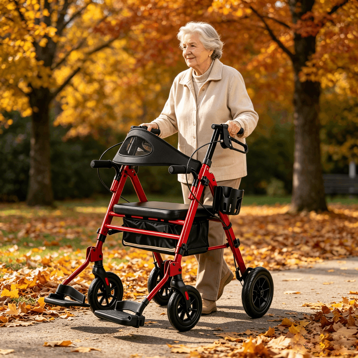 Specared 2 in 1 Rollator Walker Transport Chair, Ultra-Wide Breathable Backrest Foldable Walker, 8" PU Shock-Abs All-Terrain, Max 350lbs Red