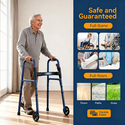 Specared Folding Walker for Seniors, Lightweight Rolling Walker with 8 Height Adjustments, One-Hand Folding, 300lbs Capacity for Elderly Adults and Handicap, Blue
