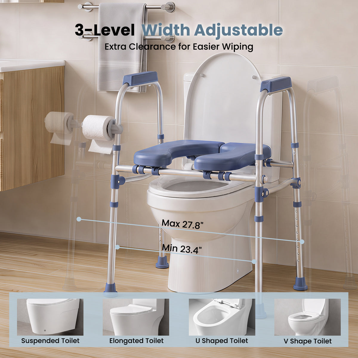 Specared Padded Toilet Seat Riser with Handles, 7 Height & 3 Width Standalone Toilet Safety Frame for Seniors, Bariatric, Pregnant, Surgery 400lbs