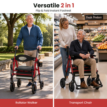 Specared 2 in 1 Rollator Walker Transport Chair with Ultra-Wide 6.5" Breathable Backrest, 8" All-Terrain Foldable Walker, Max 350lbs Red