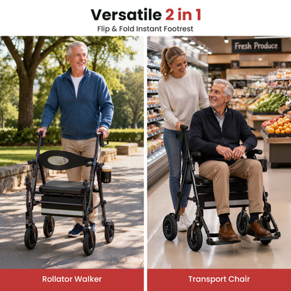 Specared 2 in 1 Rollator Walker for Seniors with 6.5" Ultra-Wide Breathable Backrest, 8" All-Terrain Wheels Transport Chair, Max 350lbs Black