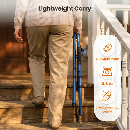 Specared Lightweight Folding Walker with One Hand Quick Fold, 8 Level Height Mobility Aid for Seniors with 300lbs Capacity, Blue