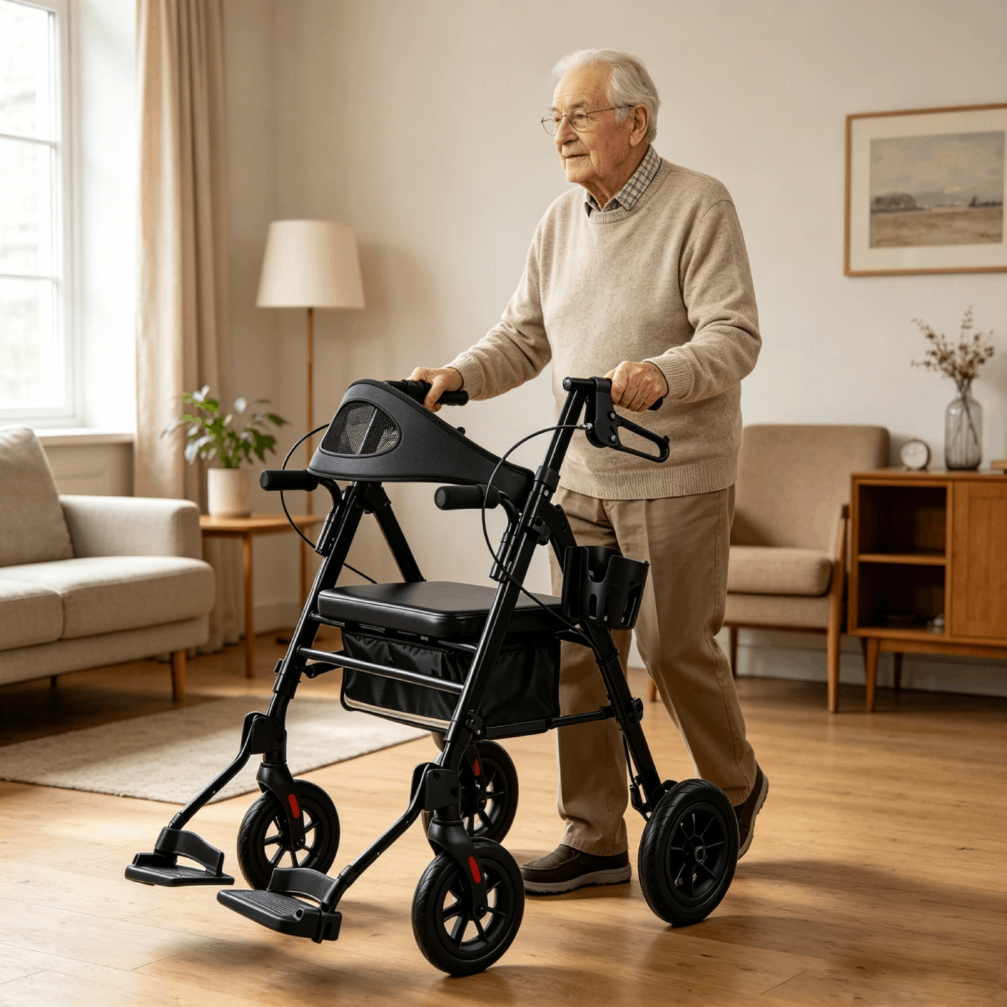 Specared 2 in 1 Rollator Walker for Senior, 6.5" Ultra-Wide Breathable Backrest Transport Chair, 8" All-Terrain Wheels, Max 350lbs Black