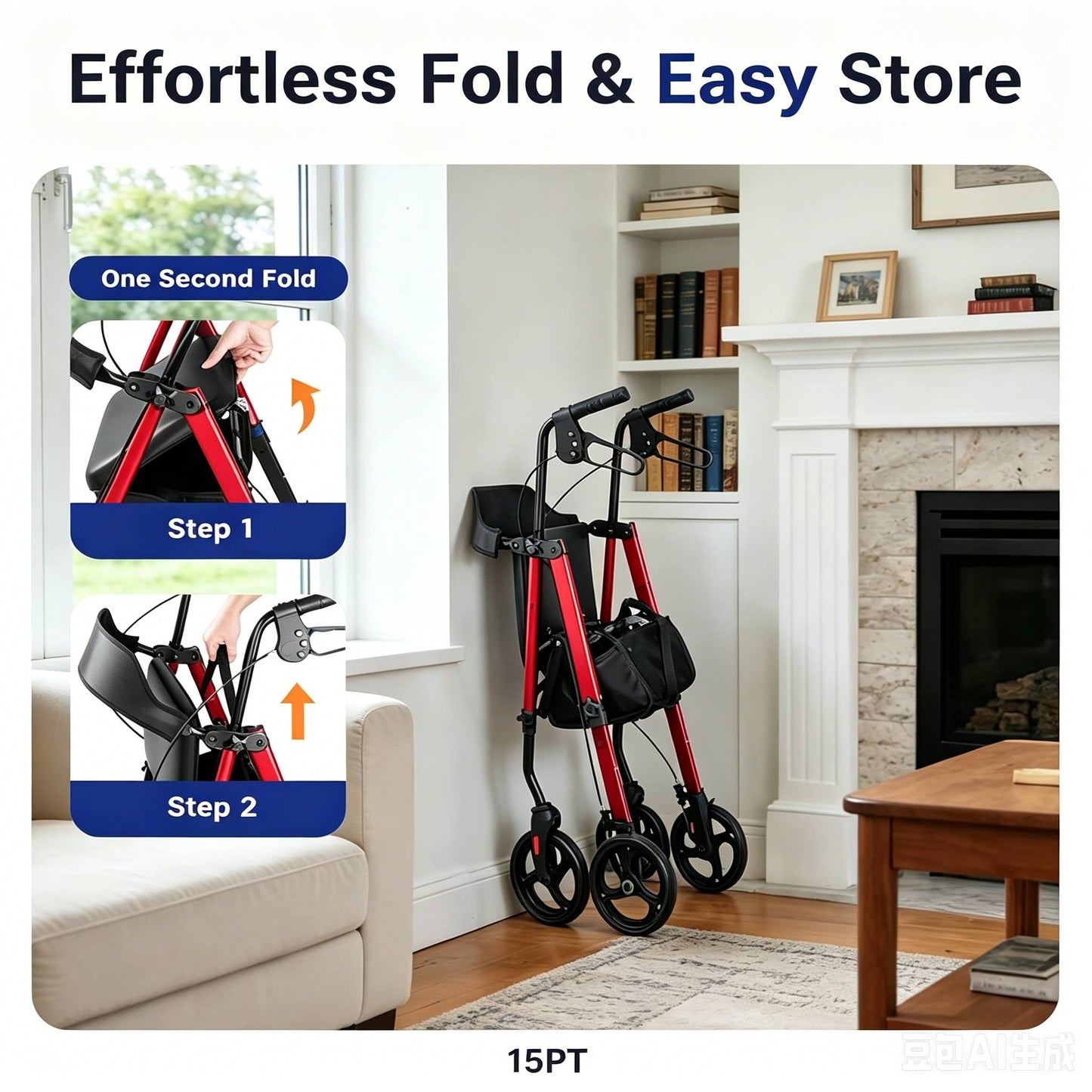 Specared Rollator Walker with Seat, 16" Wide Seat Folding Walker for Seniors, Adjustable Seat Height 350lbs Heavy Duty, Red