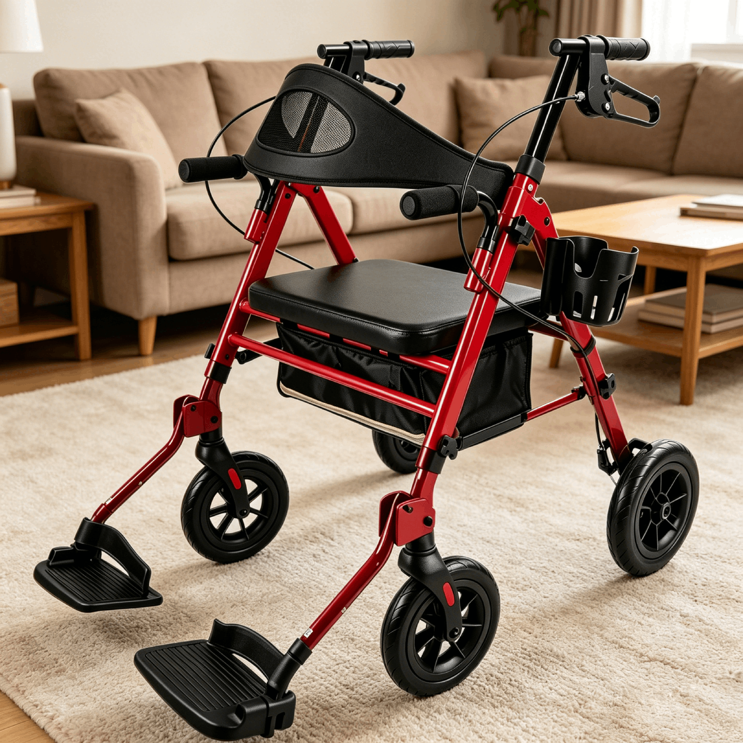 Specared 2 in 1 Rollator Walker with Ultra-Wide Breathable Backrest, 8" PU Shock-Abs All-Terrain Foldable Transport Chair for Senior, Max 350lbs Red
