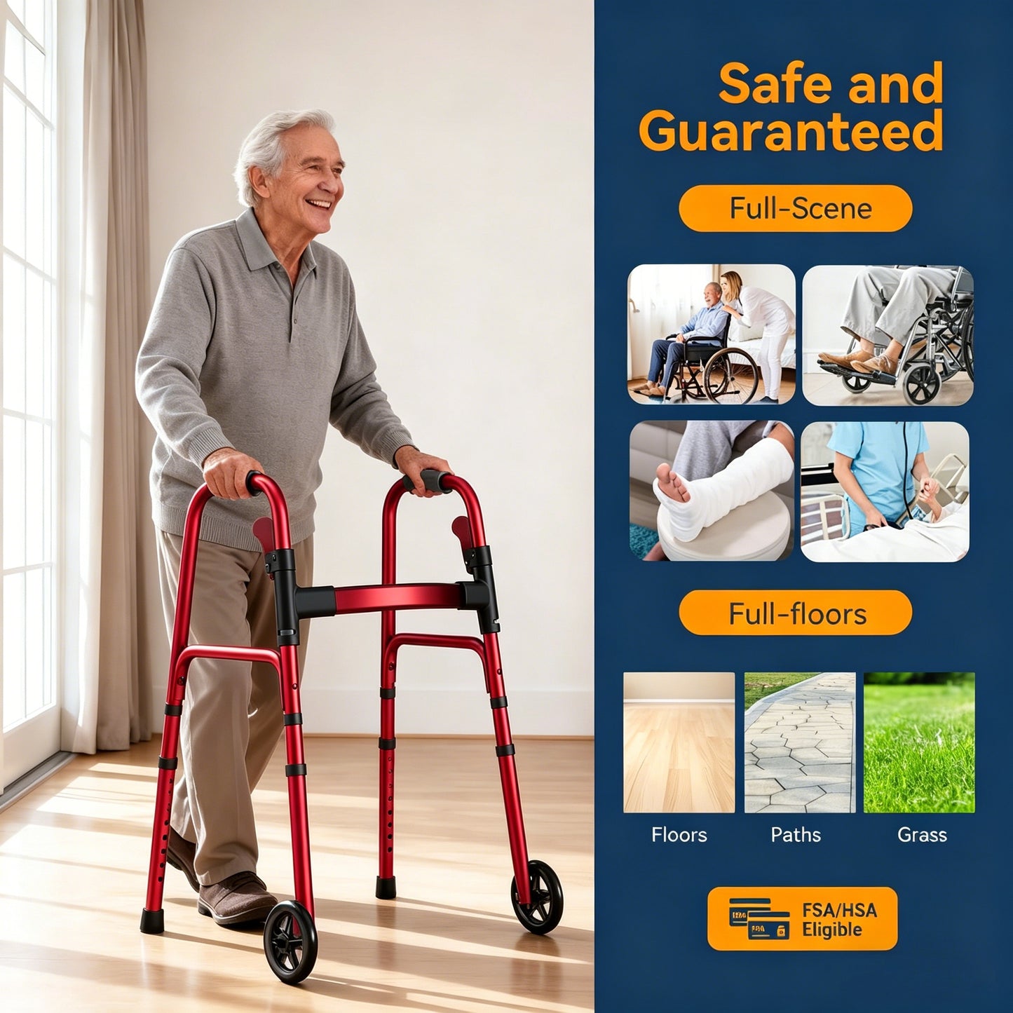 Specared Folding Walker for Seniors, Lightweight Rolling Walker with 8 Height Adjustments, One-Hand Folding, 300lbs Capacity for Elderly Adults and Handicap, Red