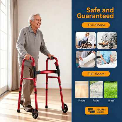 Specared Folding Walker for Seniors, Lightweight Rolling Walker with 8 Height Adjustments, One-Hand Folding, 300lbs Capacity for Elderly Adults and Handicap, Red