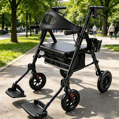 Specared 2 in 1 Rollator Walker Support to 350LBS, 6.5" Ultra-Wide Breathable Backrest Transport Chair, 8" PU Shock-Abs All-Terrain Wheels, Black