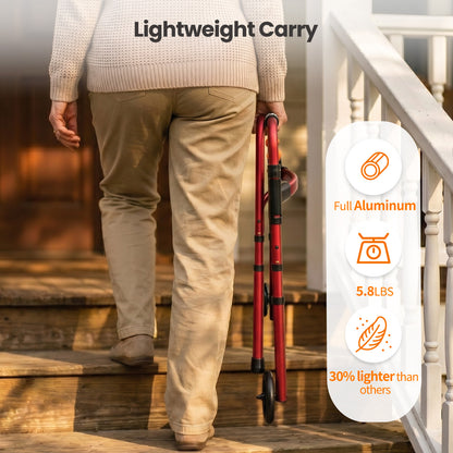 Specared Lightweight Folding Walker with One Hand Quick Fold, 8 Level Height Mobility Aid for Seniors with 300lbs Capacity, Red