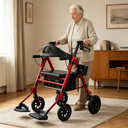 Specared 2 in 1 Rollator Walker Transport Chair, Ultra-Wide Breathable Backrest Foldable Walker, 8" PU Shock-Abs All-Terrain, Max 350lbs Red