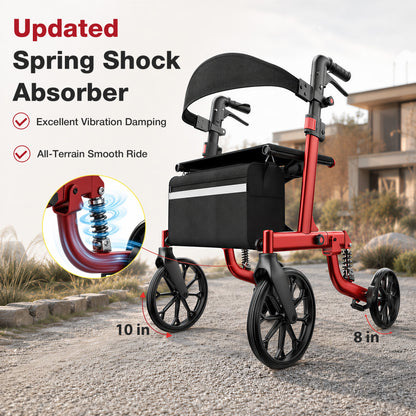 Specared All Terrain Rollator Walker with Shock Absorbers, 18" Widest Seat Ultra-Lightweight Senior Rolling Walker, Hidden Brake Cables 350lbs, Red