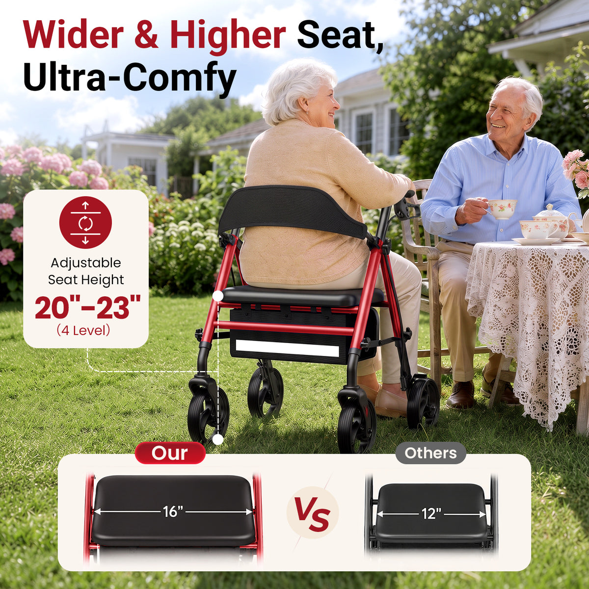 Specared Rollator Walker with Seat, 16" Wide Seat Folding Walker for Seniors, Adjustable Seat Height 350lbs Heavy Duty, Red