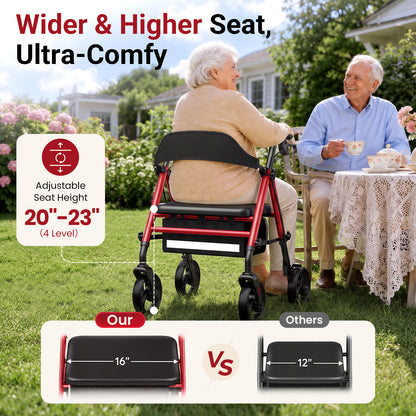 Specared Rollator Walker with Seat, 16" Wide Seat Folding Walker for Seniors, Adjustable Seat Height 350lbs Heavy Duty, Red