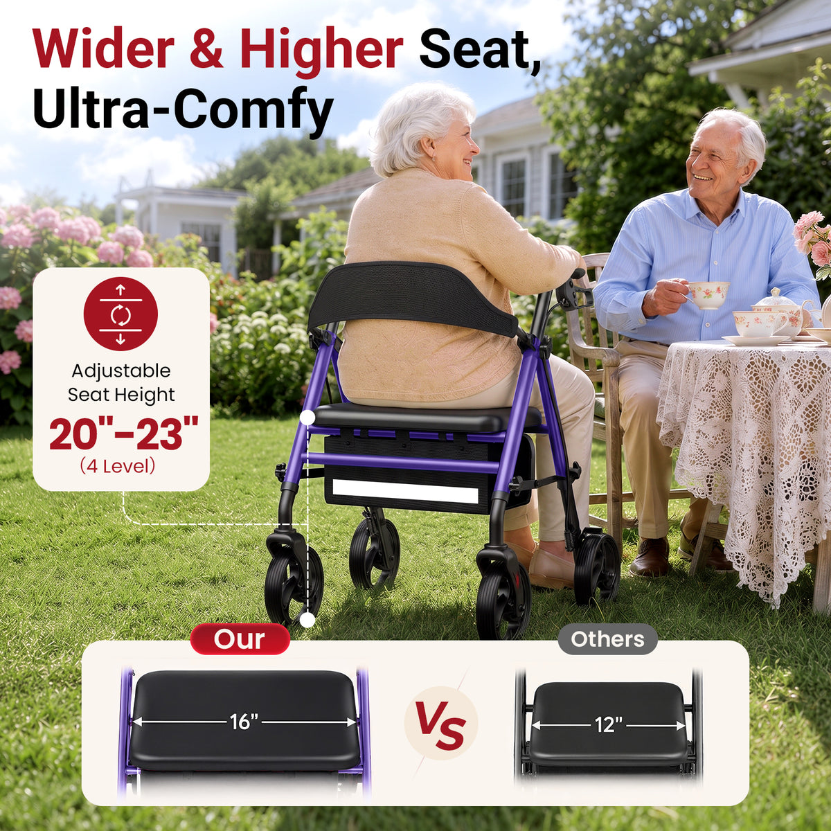 Specared All Terrain Rollator Walker for Seniors, 350lbs Heavy Duty Rolling Walker with 16" Wide Seat, 8" Wheels Storage Bag, Purple
