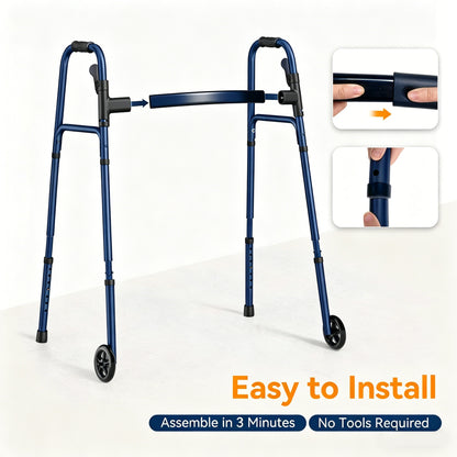 Specared Folding Walker for Seniors, Lightweight Rolling Walker with 8 Height Adjustments, One-Hand Folding, 300lbs Capacity for Elderly Adults and Handicap, Blue