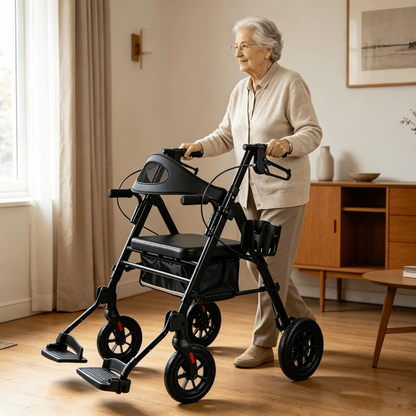 Specared 2 in 1 Rollator Walker for Senior, 6.5" Ultra-Wide Breathable Backrest Transport Chair, 8" All-Terrain Wheels, Max 350lbs Black
