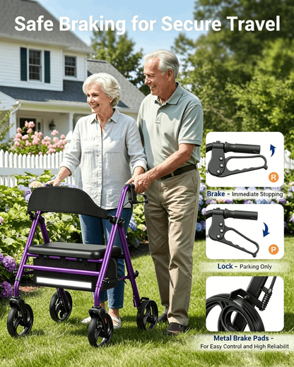 Specared Folding Rollator Walker with 350lbs Heavy Duty, 16" Wide Seat 33"-41" Adjustable Height Lightweight Walkers with Wheels, Purple