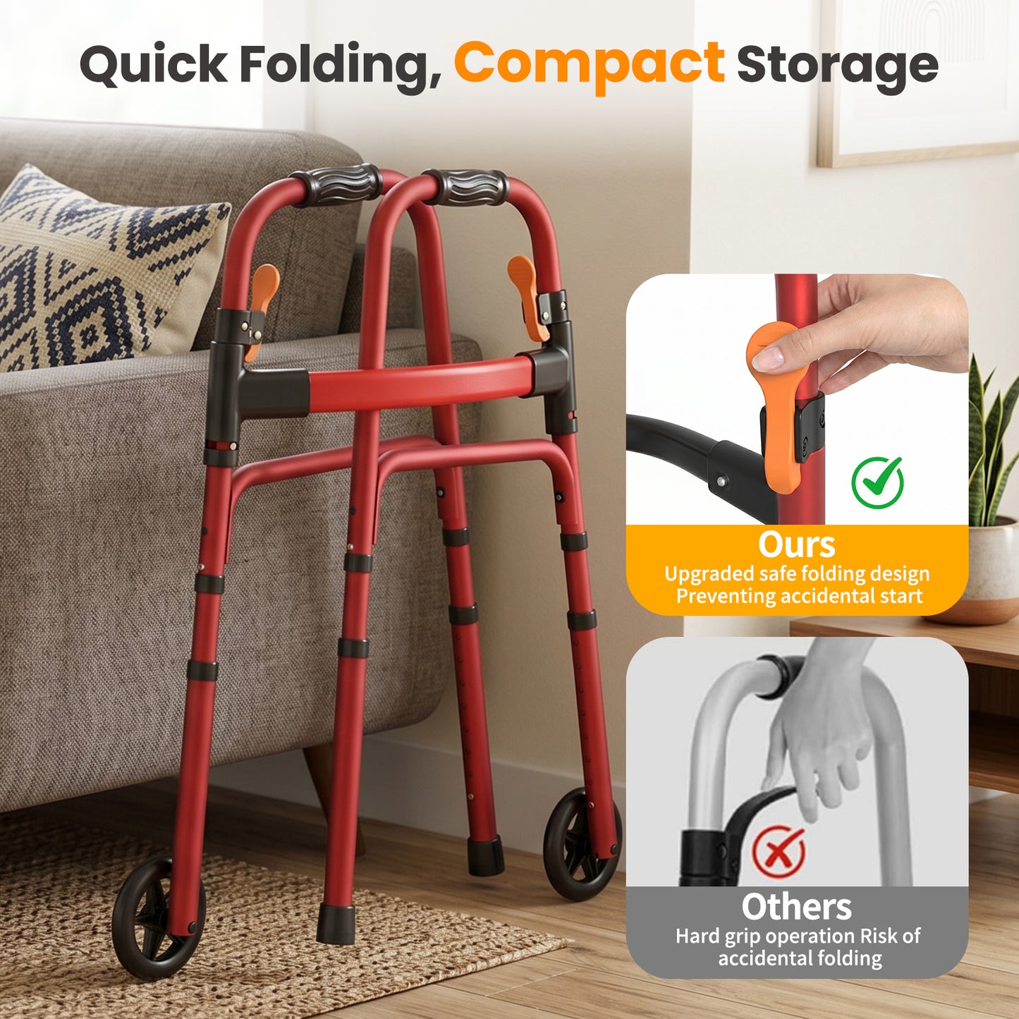 Specared Lightweight Folding Walker with One Hand Quick Fold, 8 Level Height Mobility Aid for Seniors with 300lbs Capacity, Red