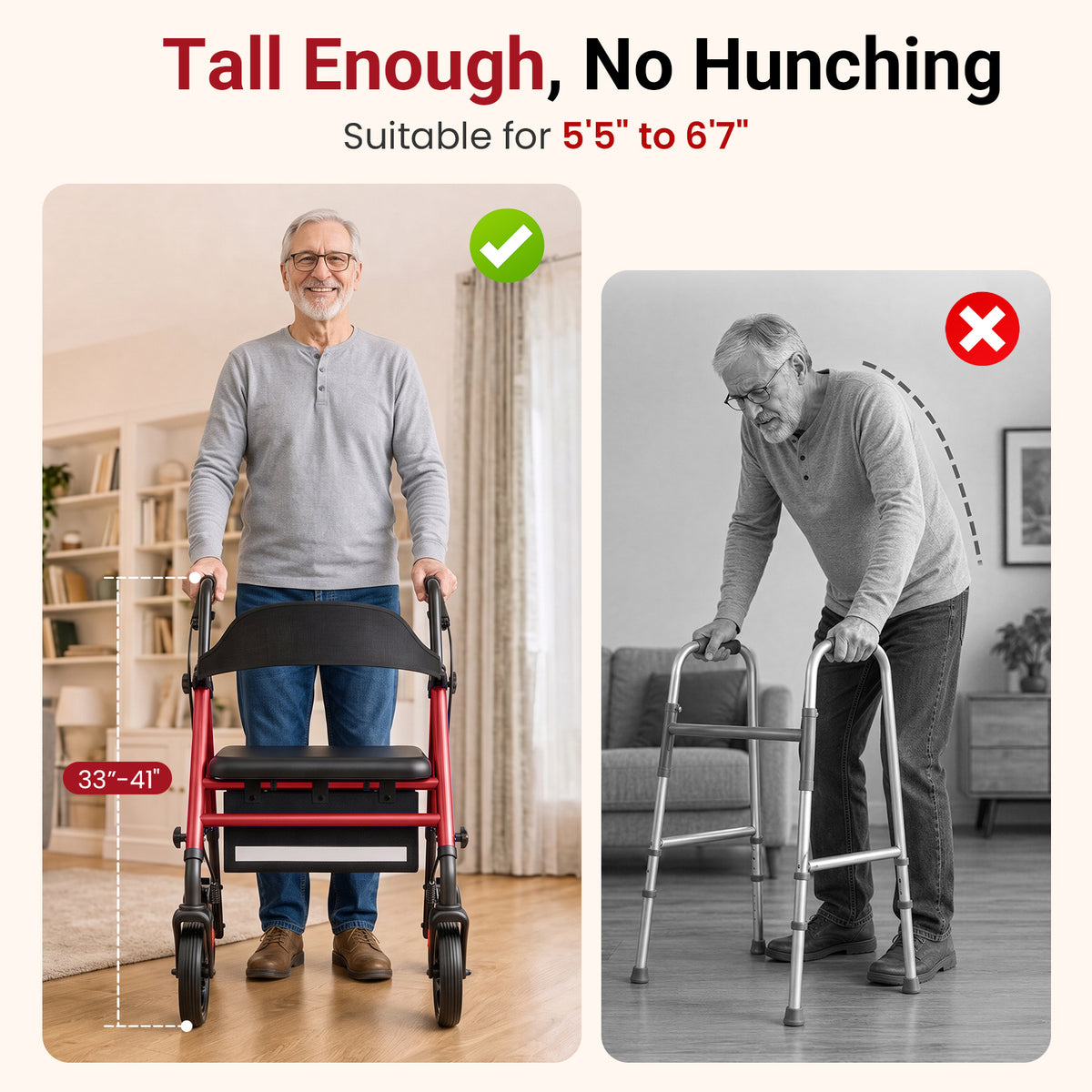Specared Rollator Walker with Seat, 16" Wide Seat Folding Walker for Seniors, Adjustable Seat Height 350lbs Heavy Duty, Red