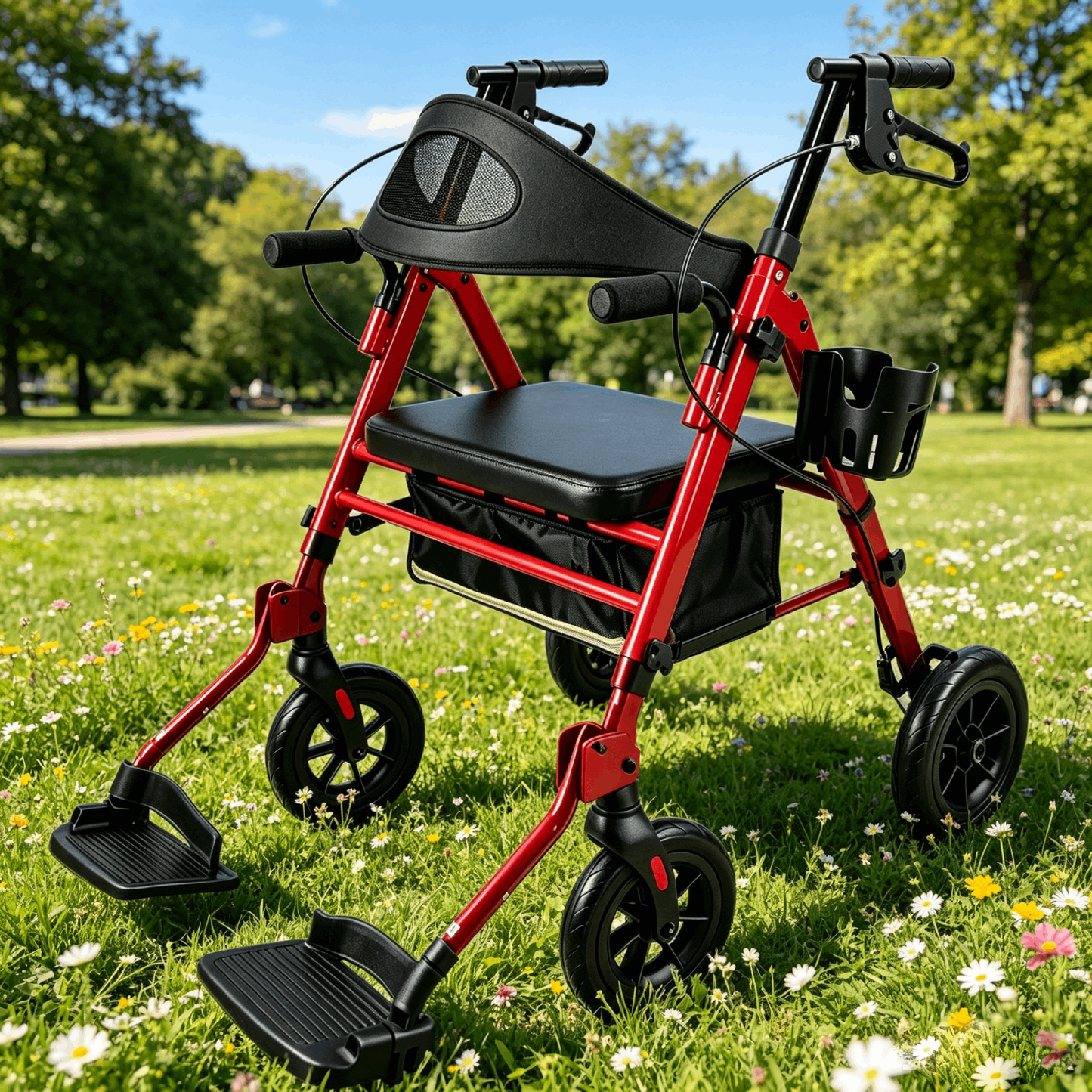 Specared 2 in 1 Rollator Walker with Ultra-Wide Breathable Backrest, 8" PU Shock-Abs All-Terrain Foldable Transport Chair for Senior, Max 350lbs Red