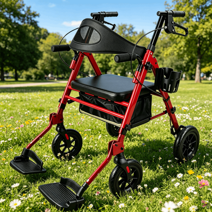 Specared 2 in 1 Rollator Walker with Ultra-Wide Breathable Backrest, 8" PU Shock-Abs All-Terrain Foldable Transport Chair for Senior, Max 350lbs Red