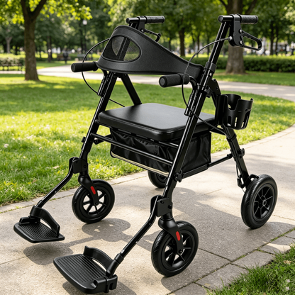 Specared 2 in 1 Rollator Walker Support to 350LBS, 6.5" Ultra-Wide Breathable Backrest Transport Chair, 8" PU Shock-Abs All-Terrain Wheels, Black