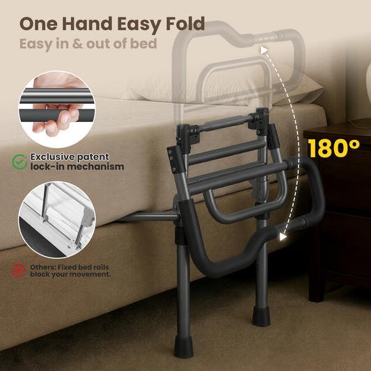 Specared Bed Rails for Elderly Safety, 180° One-Hand Folding Bed Assist Rails for Seniors with Sensor Light, Storage Pocket, Adjustable Height