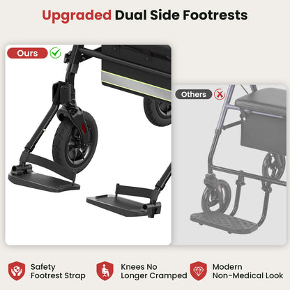 Specared 2 in 1 Rollator Walker for Seniors with 6.5" Ultra-Wide Breathable Backrest, 8" All-Terrain Wheels Transport Chair, Max 350lbs Black