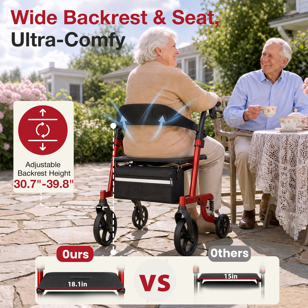 Specared All Terrain Rollator Walker with Shock Absorbers, 18" Widest Seat Ultra-Lightweight Senior Rolling Walker, Hidden Brake Cables 350lbs, Red