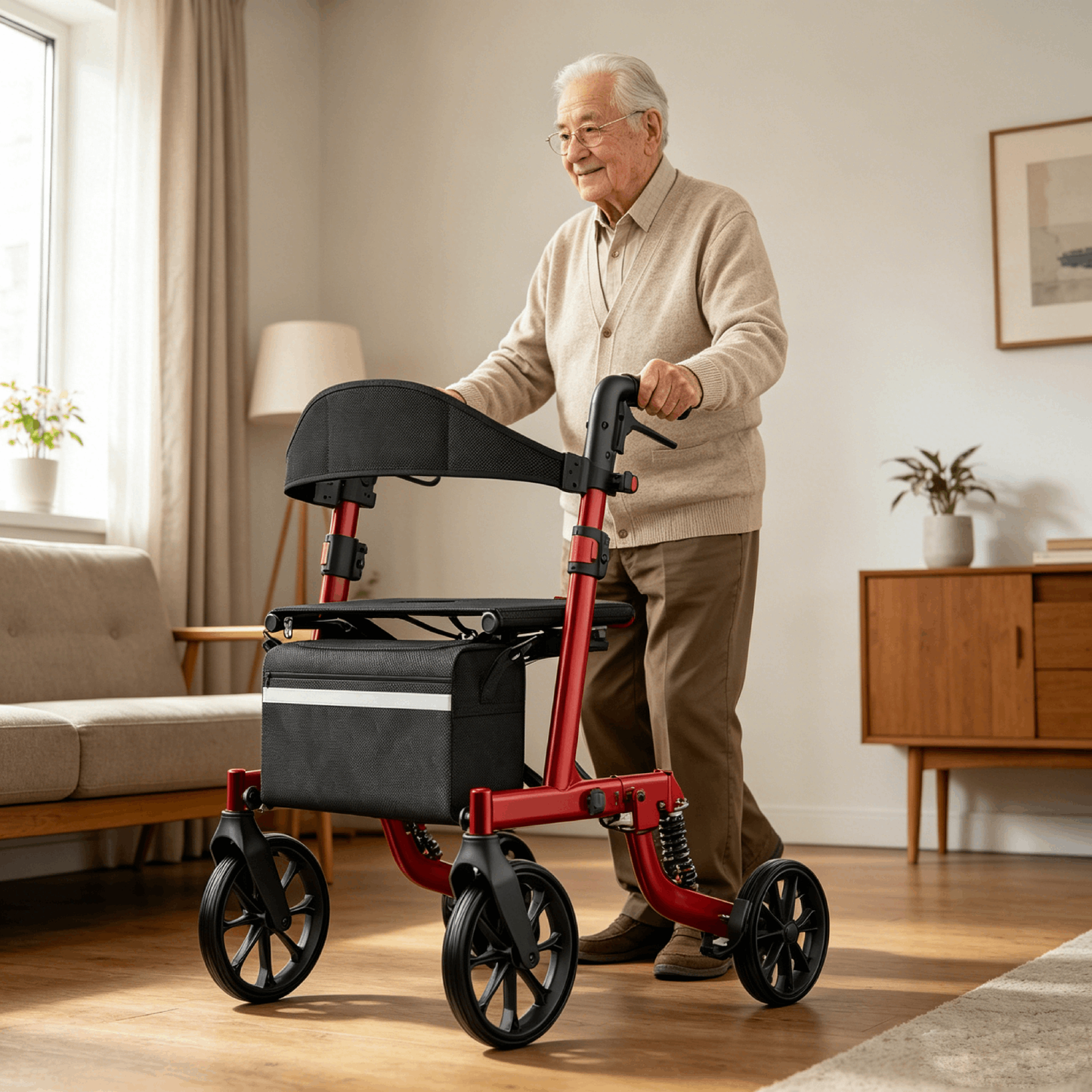 Specared All Terrain Rollator Walker with Seat 350lbs, Shock Absorbers Ultra-Lightweight Senior Rolling Walker, 18" Widest Seat Hidden Cables, Red
