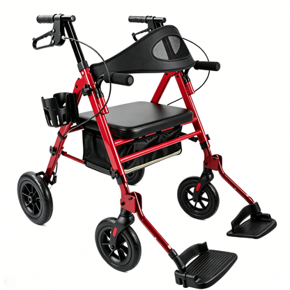 Specared 2 in 1 Rollator Walker Transport Chair, Ultra-Wide Breathable Backrest Foldable Walker, 8" PU Shock-Abs All-Terrain, Max 350lbs Red