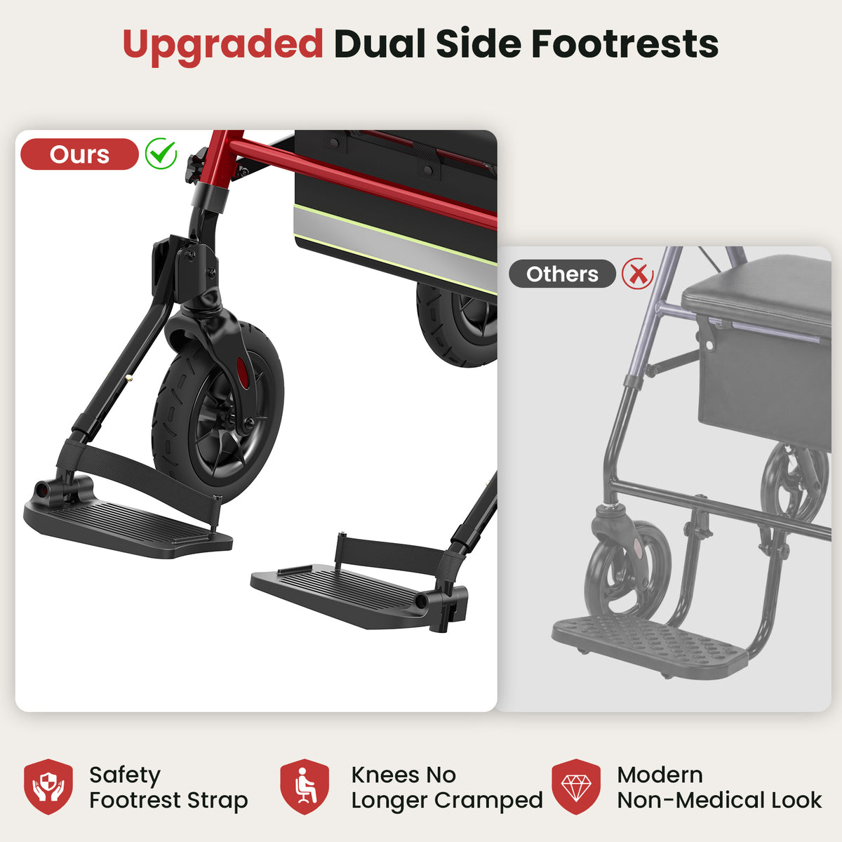 Specared 2 in 1 Rollator Walker Transport Chair with Ultra-Wide 6.5" Breathable Backrest, 8" All-Terrain Foldable Walker, Max 350lbs Red