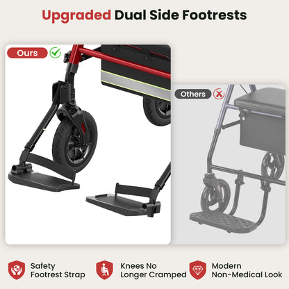 Specared 2 in 1 Rollator Walker Transport Chair with Ultra-Wide 6.5" Breathable Backrest, 8" All-Terrain Foldable Walker, Max 350lbs Red