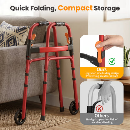 Specared Folding Walker for Seniors, Ultra-Lightweight Rolling Walker with Trigger Release Folding, 8 Levels 300lbs for Adults Handicap, Red