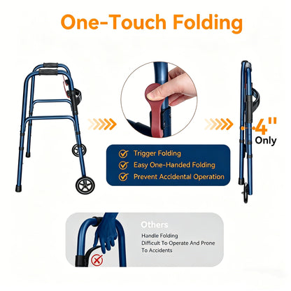 Specared Folding Walker for Seniors, Lightweight Rolling Walker with 8 Height Adjustments, One-Hand Folding, 300lbs Capacity for Elderly Adults and Handicap, Blue