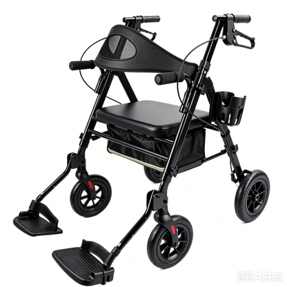 Specared 2 in 1 Rollator Walker Support to 350LBS, 6.5" Ultra-Wide Breathable Backrest Transport Chair, 8" PU Shock-Abs All-Terrain Wheels, Black