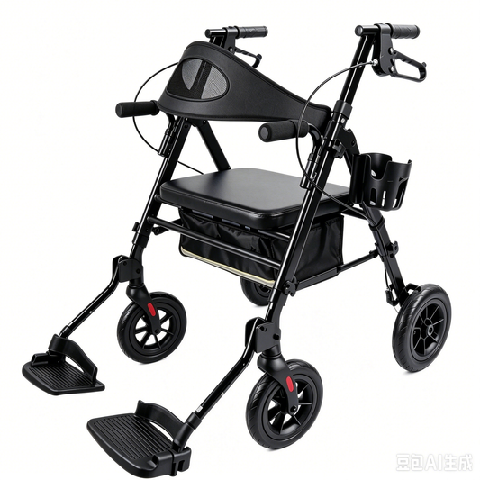 Specared 2 in 1 Rollator Walker Support to 350LBS, 6.5" Ultra-Wide Breathable Backrest Transport Chair, 8" PU Shock-Abs All-Terrain Wheels, Black