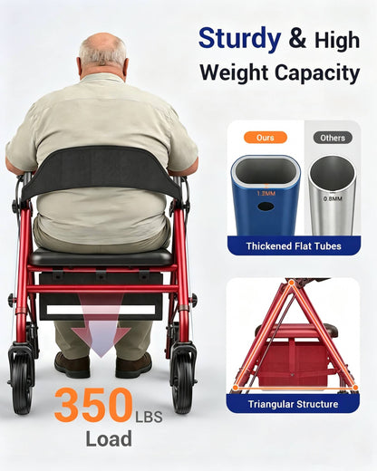 Specared Rollator Walker with Seat for Seniors, 350lbs Heavy Duty Folding Walker, Adjustable Seat Height Backrest Storage Bag, Red