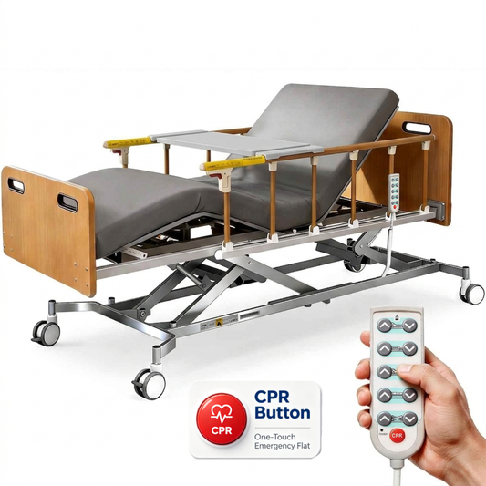 Specared Electric Hospital Bed for Home Use, 5-Function Dewert Motor Ultra-Low Height Home Care Bed with Mattress, Overbed Table & Foldable Rails, Max 530lb