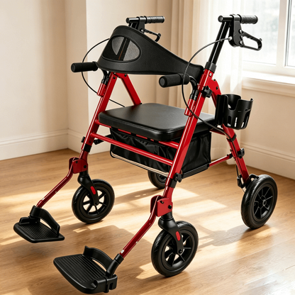 Specared 2 in 1 Rollator Walker with Ultra-Wide Breathable Backrest, 8" PU Shock-Abs All-Terrain Foldable Transport Chair for Senior, Max 350lbs Red