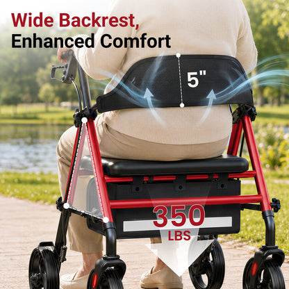 Specared Rollator Walker with Seat, 16" Wide Seat Folding Walker for Seniors, Adjustable Seat Height 350lbs Heavy Duty, Red