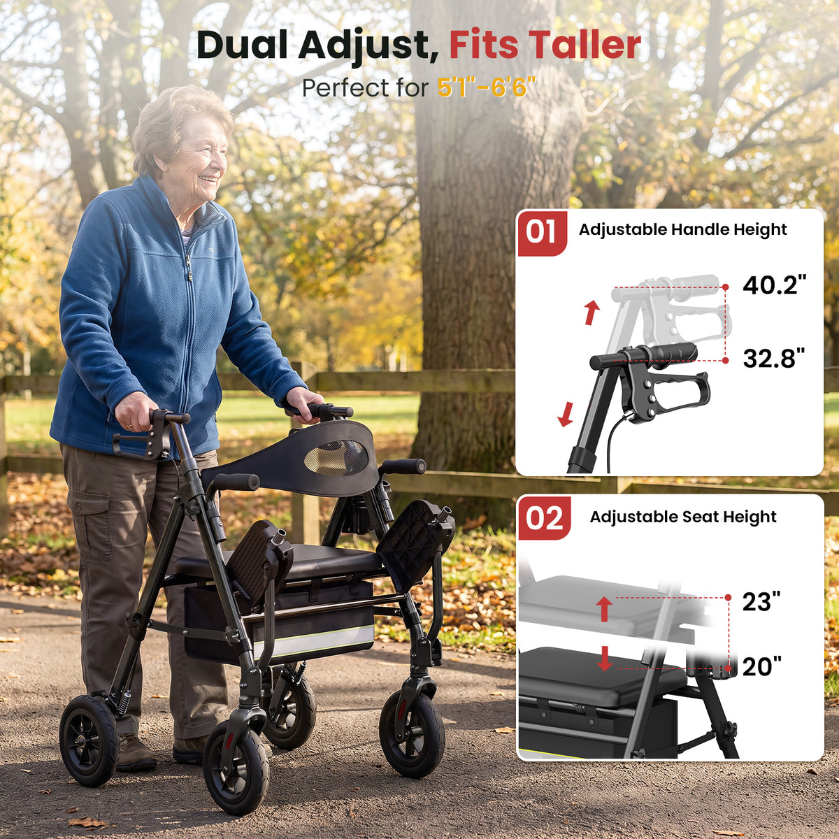 Specared 2 in 1 Rollator Walker for Seniors with 6.5" Ultra-Wide Breathable Backrest, 8" All-Terrain Wheels Transport Chair, Max 350lbs Black