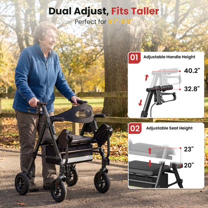 Specared 2 in 1 Rollator Walker for Seniors with 6.5" Ultra-Wide Breathable Backrest, 8" All-Terrain Wheels Transport Chair, Max 350lbs Black
