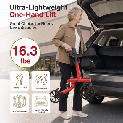 Specared All Terrain Rollator Walker with Shock Absorbers, 18" Widest Seat Ultra-Lightweight Senior Rolling Walker, Hidden Brake Cables 350lbs, Red