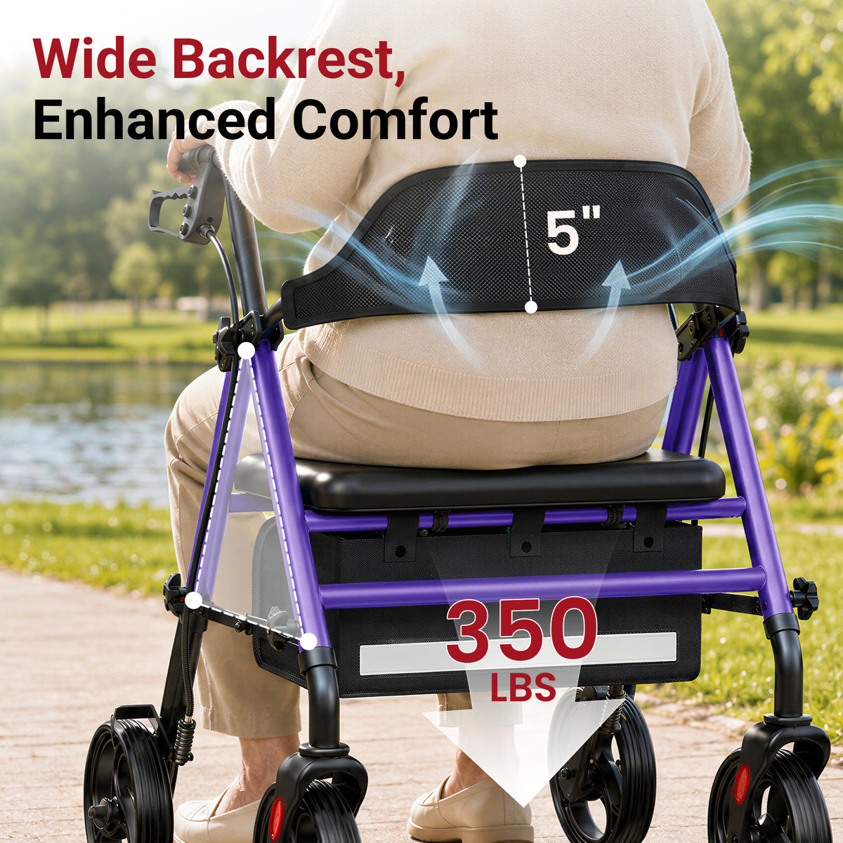 Specared All Terrain Rollator Walker for Seniors, 350lbs Heavy Duty Rolling Walker with 16" Wide Seat, 8" Wheels Storage Bag, Purple